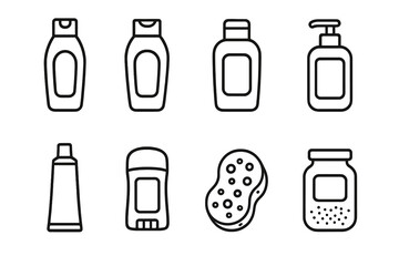 Personal Care Icons. Outline icon set of personal care products: shampoo bottle, conditioner, lotion, soap