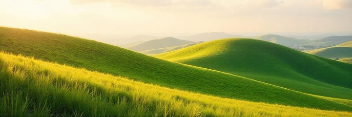 Obraz premium Serene landscape featuring a gently rolling hummock, bathed in soft sunlight, conveying a sense of peaceful relaxation and natural beauty , landscape, beauty