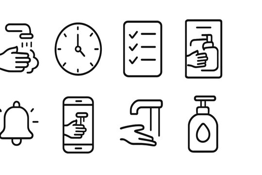 Handwashing Reminders Icons. Outline icon set of handwashing reminders: wash hands sign, clock icon, checklist