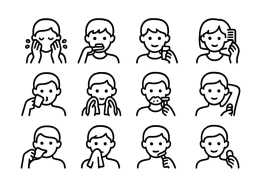 Morning Routine Icons. Outline icon set of morning bathroom routine: washing face, brushing teeth, combing