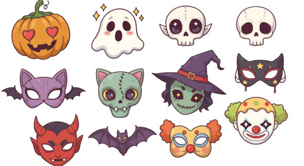 Cute Halloween characters and masks illustrations.