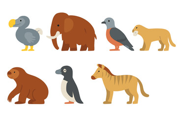 Extinct Animals Grid. Flat vector mini-illustrations Extinct species overview in colors children's illustrations: dodo bird,
