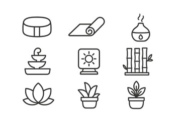 Wellness Icons Grid. Outline icon set of wellness spaces: meditation cushion, yoga mat, aromatherapy diffuser,