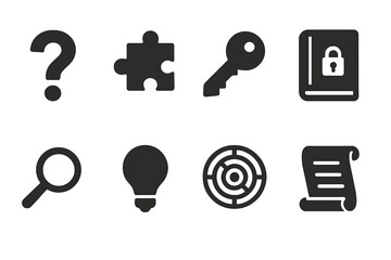 Riddle Icons Grid. Solid, filled icon set of riddle symbols: question mark, puzzle piece, key, locked book, magnifying glass,