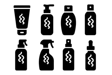 Ringlet Hair Care Icons. Solid, filled icon set of ringlet hair care products: curl cream, mousse, leave-in conditioner, gel, hair
