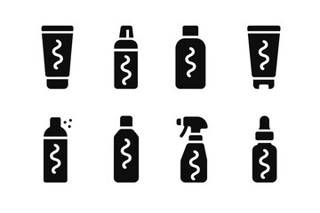 Ringlet Hair Care Icons. Solid, filled icon set of ringlet hair care products: curl cream, mousse, leave-in conditioner, gel, hair