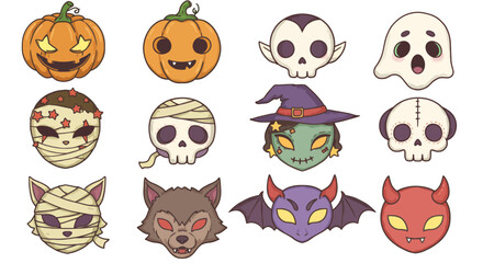 Collection of various Halloween-themed cartoon illustrations featuring pumpkins, skulls, and monsters.