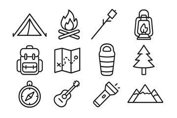 Fototapeta premium Family Camping Icons. Outline icon set of family camping trips: tent, campfire, marshmallow stick, lantern, backpack, map,