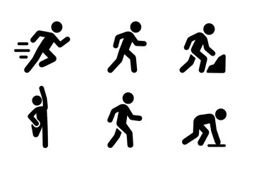Runner Icon Set. Solid, filled icon set of runner activities: sprinting, jogging, marathon, trail running, warm-up, stretching,