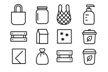 Eco Shopping Icons. Outline icon set of eco-shopping essentials: tote bag, jar, net bag, refill container,