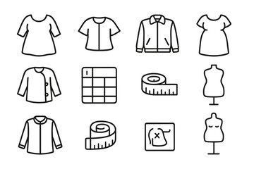 Inclusive Fashion Icons. Outline icon set of fashion for all sizes: plus-size dress, petite blouse, unisex