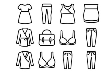 Maternity Fashion Icons. Outline icon set of maternity and nursing fashion: maternity dress, stretchy leggings