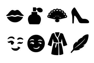 Seductive Icon Set. Solid, filled icon set of seduction: kiss lips, perfume bottle, lace fan, high heel, wink eye, teasing smile,