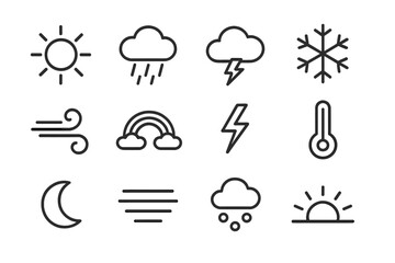 Fototapeta premium Farming Weather Icons. Outline icon set of weather in farming: sun, rain cloud, storm cloud, snowflake, wind swirl, rainbow,
