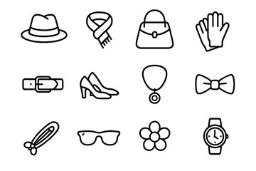 Fashion Accessory Icons. Outline icon set of accessories for custom garments: hat, scarf, handbag, gloves, belt, shoes, jewelry,