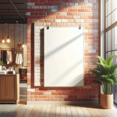 a blank signboard hanging on a brick wall inside a stylish boutique, soft lighting