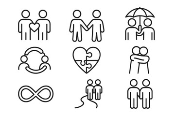 Friendship Bond Icons. Outline icon set of friendship bonds: two figures with heart, holding hands, infinity