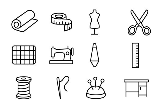 Fashion Designer Icons. Outline icon set of a fashion designer measuring fabric: fabric roll, measuring tape, mannequin, scissors,