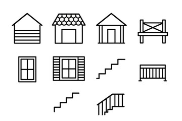 Home Upgrade Icons. Outline icon set of exterior home upgrades: new siding, roof shingles, porch, deck, window