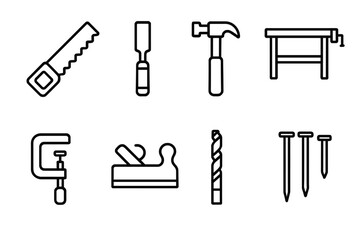 Carpentry Tool Icons. Outline icon set of woodwork and carpentry: saw, chisel, hammer, workbench, clamp, wood