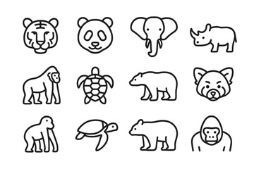 Obraz premium Endangered Species Icons. Outline icon set of endangered species in hotspots: tiger, panda, elephant, rhino,