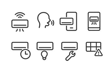Smart AC Feature Icons. Outline icon set of air conditioner smart features: Wi-Fi connectivity, voice control, app control,