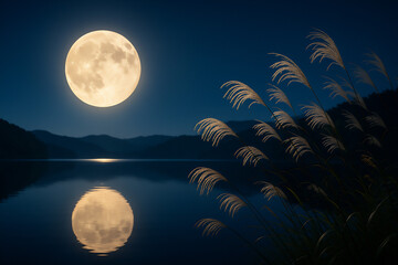 Japanese Seasonal Scenery of Moonlit Lake and Pampas Grass