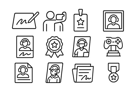 Esports Fan Icon Set. Outline icon set of Esports fan engagement items: autograph, selfie, meet-and-greet pass