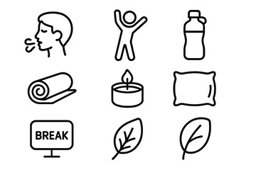 Stress Relief Icons. Outline icon set of stress relief: breathing icon, stretching figure, water bottle, yoga