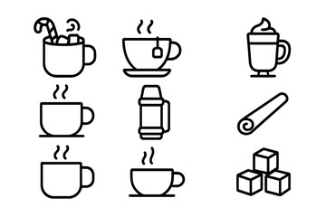 Fototapeta premium Winter Beverage Icons. Outline icon set of Winter beverages: hot chocolate, tea cup, coffee cup, latte, cocoa