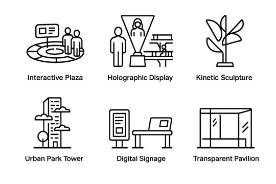 Futuristic Urban Icons. Outline icon set of Futuristic public spaces: interactive plaza, holographic display,