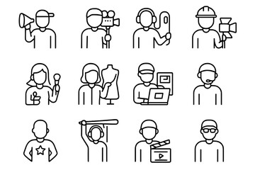 Fototapeta premium Film Crew Icons. Outline icon set of film crew members: director, camera operator, sound engineer, lighting technician, makeup