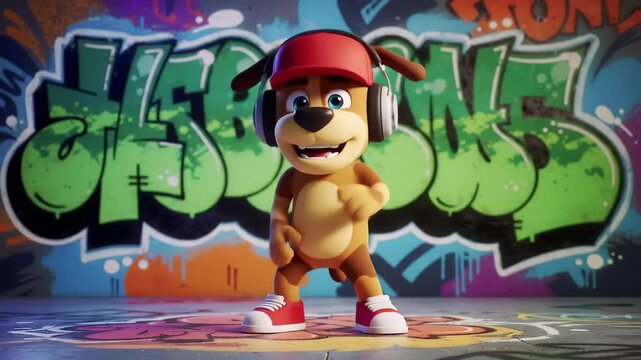 Animated Dog Grooving with Headphones in Graffiti Backdrop