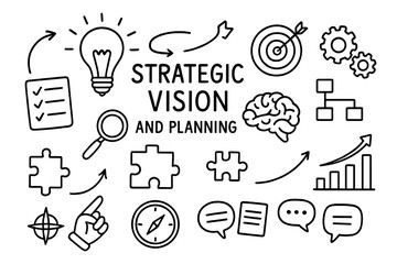 Strategic Planning Doodle. Hand-drawn doodle illustration Strategic vision and planning light bulb, target, gears, brain,