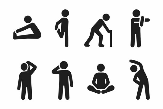 Stretching Exercises Icons. Solid, filled icon set of stretching exercises: hamstring stretch, quad stretch, calf stretch,