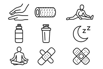 Muscle Recovery Icons. Outline icon set of recovery and muscles: massage hand, foam roller, stretching figure,