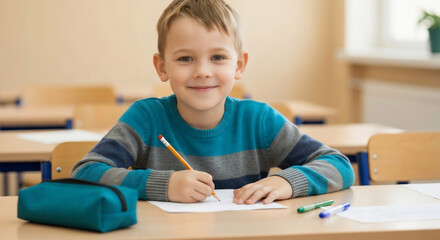 Elementary student in classroom writing with a pencil. He's concentrating on his work and smiling