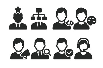 Team Roles Icons. Solid, filled icon set of team roles: leader, manager, developer, designer, marketer, analyst, tester, support.