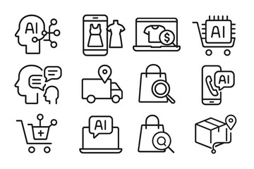 AI Shopping Icons. Outline icon set of AI in shopping: personalized recommendation, virtual fitting, price