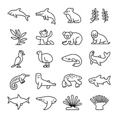 Obraz premium Diverse Animals and Marine Life Line Art A Collection of Mammals, Birds, and Ocean Creatures in Vector Style