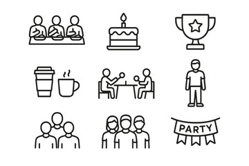 Office Culture Icons. Outline icon set of Office culture and activities: team lunch, birthday cake, awards,