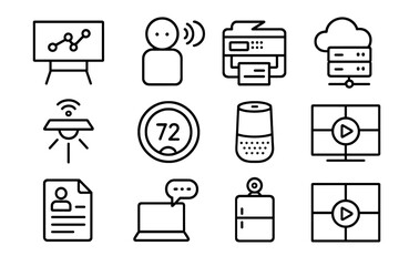 Office Tech Icons. Outline icon set of Office technology innovations: smart board, AI assistant, automated