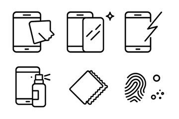 Touchscreen Care Icons. Outline icon set of touchscreen cleaning and protection: screen wipe, screen protector, anti-glare coating