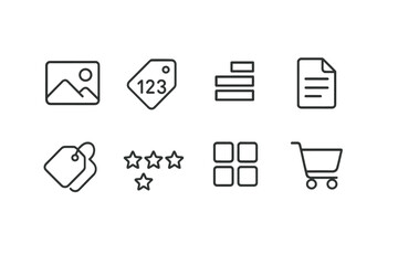 Product Management Icons. Outline icon set of Product management: product image, SKU, stock level, description