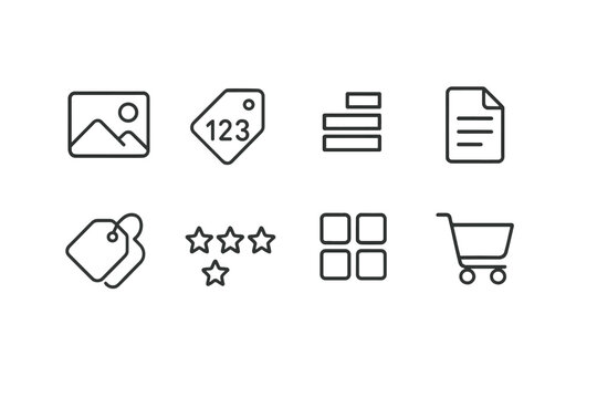 Product Management Icons. Outline icon set of Product management: product image, SKU, stock level, description