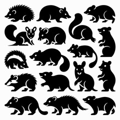 Obraz premium Stylized black silhouette icons of various forest and woodland animals, a comprehensive vector collection of fauna for nature-themed design projects