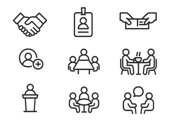Fototapeta premium Networking Icon Set. Outline icon set of Networking and brand presence: handshake, conference badge, business
