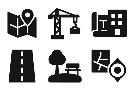 Urban Planning Icons. Solid, filled icon set of urban planning: city map, construction crane, blueprint, building, road, park,