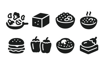 Vegetarian Dish Icons. Solid, filled icon set of vegetarian main dishes: vegetable stir-fry, tofu block, quinoa bowl, lentil curry