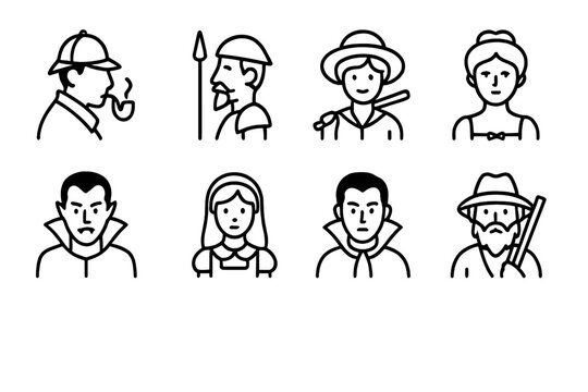 Literary Icon Grid. Outline icon set of Famous literary characters: Sherlock Holmes, Don Quixote, Huckleberry